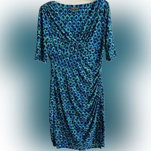 RALPH LAUREN Jersey Blue Green Print Dress Cocktail Batik Moc Wrap Empire, Sz 10 - Picture 1 of 9